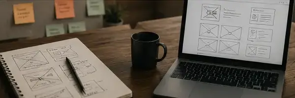 Prototype sketches and laptop